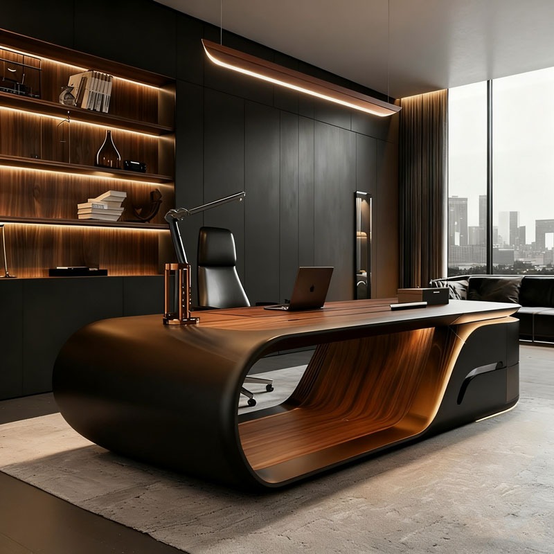 Office Furniture Manufacturers - โต๊ะทำงานผู้บริหารรูปตัว L สไตล์โมเดิร์นหรูหรา สีน้ำตาล ทำจากไม้ พร้อมแผงตกแต่ง